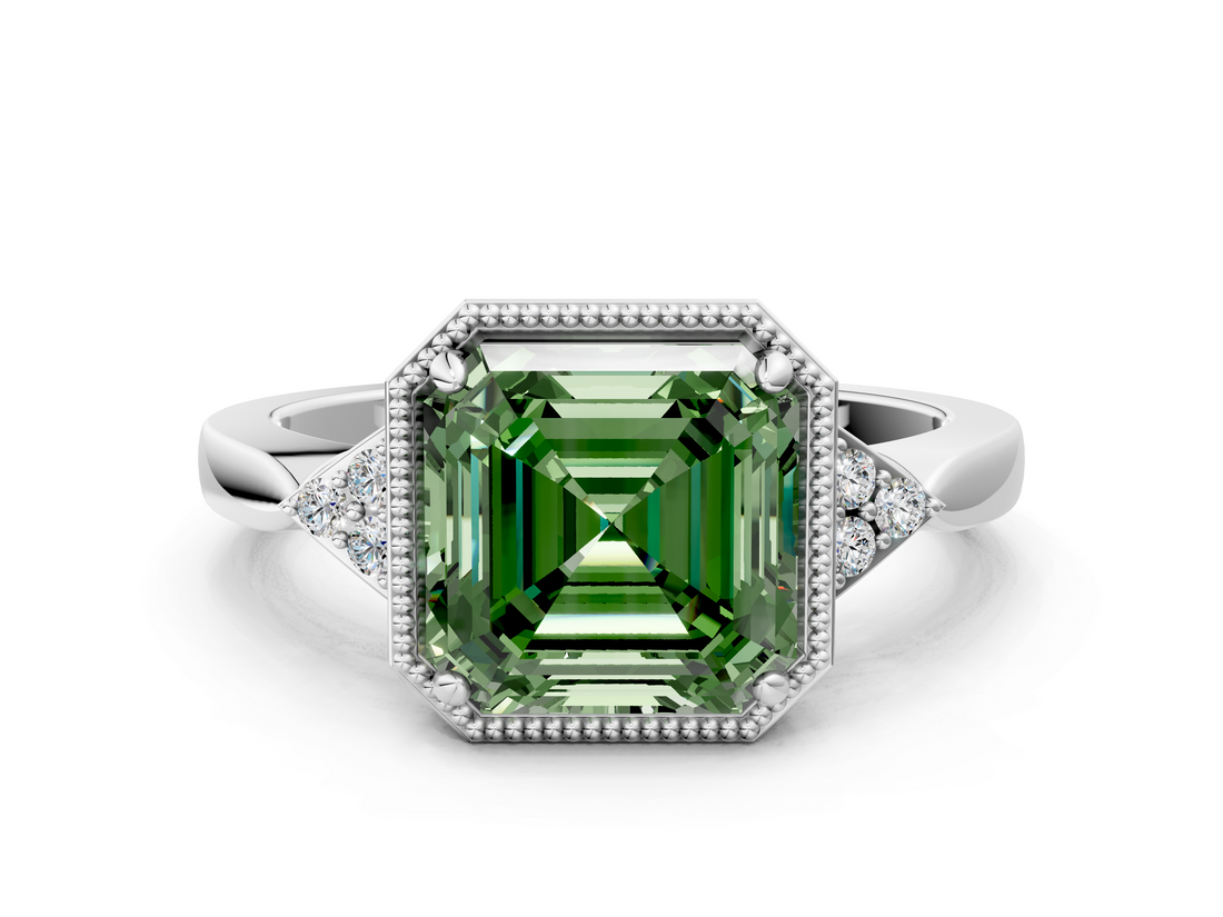 White gold Milgrain Fancy Green Asscher  Cut Diamond Ring with Tapered Pave Band and Four Prong Setting_17