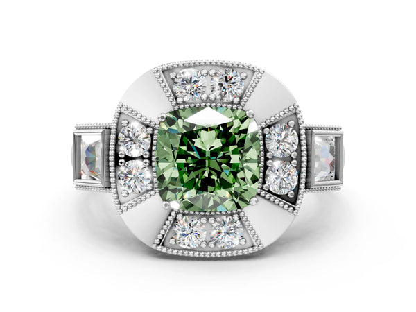 White Gold Cushion Cut Vintage Halo Engagement Ring Setting for Fancy Green Center - Design RJ-711