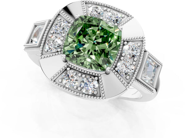 White Gold Cushion Cut Vintage Halo Engagement Ring Setting for Fancy Green Center - Design RJ-711