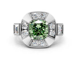 White gold Milgrain Fancy Green Cushion Cut Diamond Halo Split Shank Ring