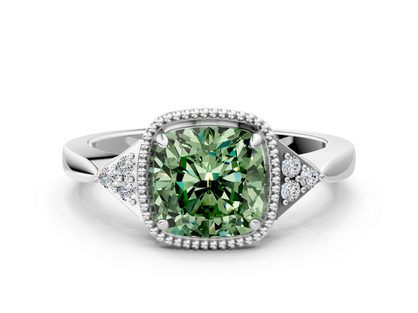 Platinum Milgrain Fancy Green Cushion  Cut Diamond Ring with Tapered Pave Band and Four Prong Setting