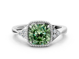 White gold Milgrain Fancy Green Cushion  Cut Diamond Ring with Tapered Pave Band and Four Prong Setting_3