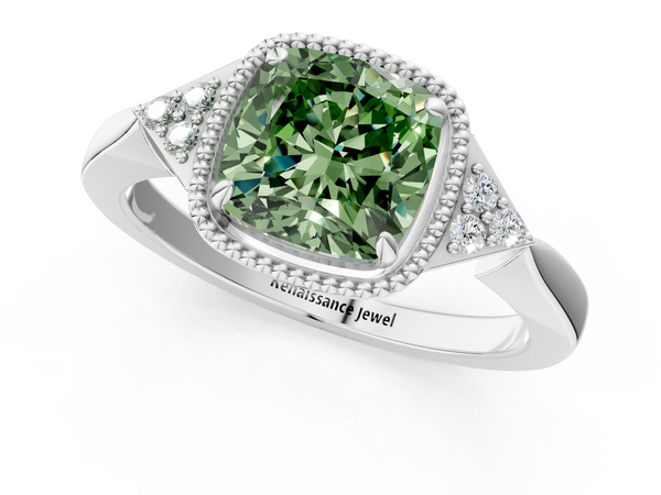 Platinum Milgrain Fancy Green Cushion  Cut Diamond Ring with Tapered Pave Band and Four Prong Setting