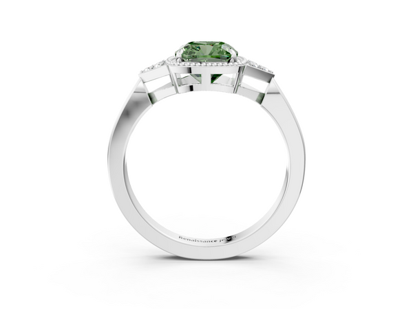 Platinum Milgrain Fancy Green Cushion  Cut Diamond Ring with Tapered Pave Band and Four Prong Setting