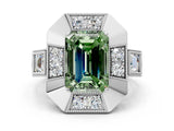 White gold Milgrain Fancy Green Emerald Cut Diamond Halo Split Shank Ring