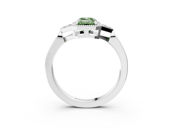 White gold Milgrain Fancy Green Emerald  Cut Diamond Ring with Tapered Pave Band and Four Prong Setting
