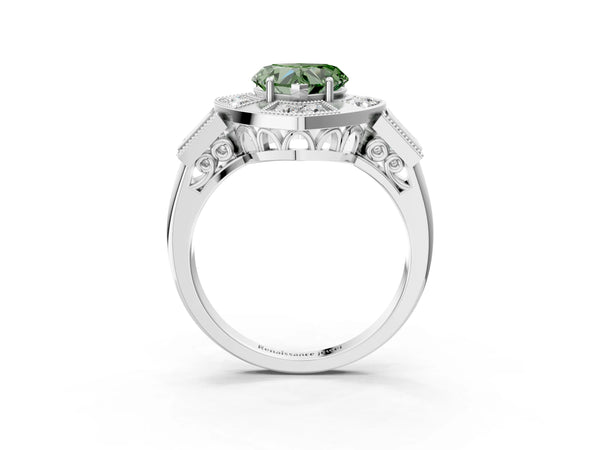 White Gold Heart-Shaped Vintage Halo Engagement Ring Setting for Fancy Green Center - Design RJ-711