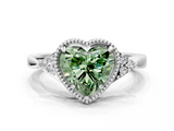 White gold Milgrain Fancy Green Heart  Cut Diamond Ring with Tapered Pave Band and Four Prong Setting