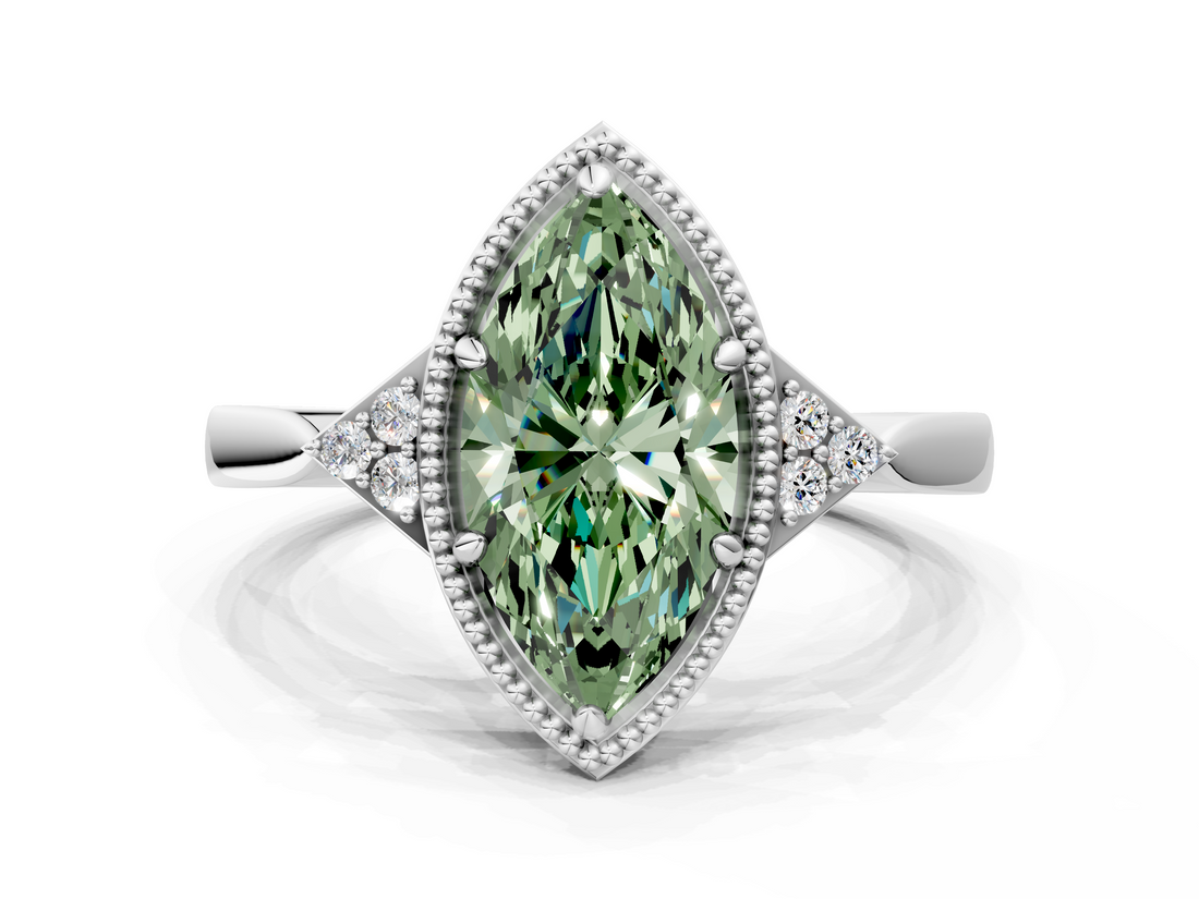 White gold Milgrain Fancy Green Marquise  Cut Diamond Ring with Tapered Pave Band and Four Prong Setting_3