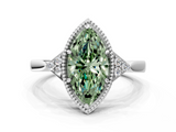 White gold Milgrain Fancy Green Marquise  Cut Diamond Ring with Tapered Pave Band and Four Prong Setting_3