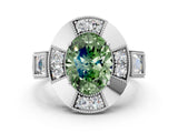 White gold Milgrain Fancy Green Oval Cut Diamond Halo Split Shank Ring