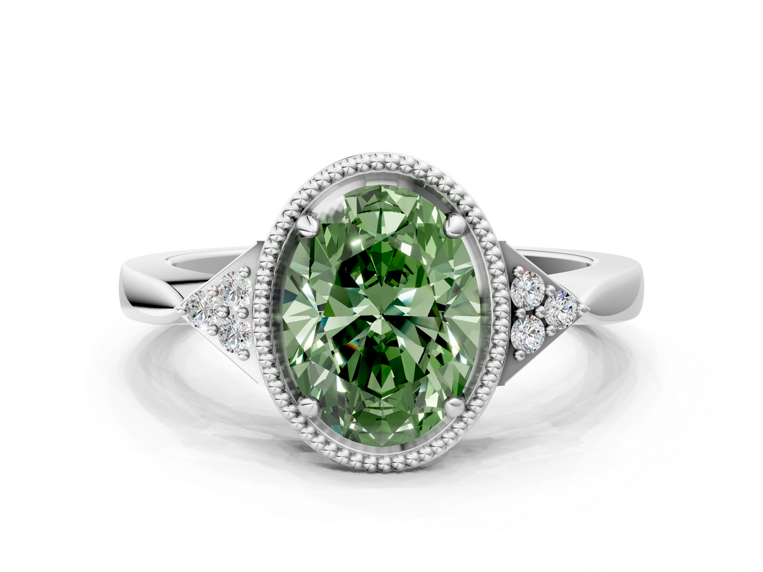 White gold Milgrain Fancy Green Oval  Cut Diamond Ring with Tapered Pave Band and Four Prong Setting_3