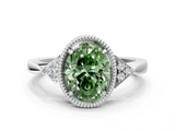 White gold Milgrain Fancy Green Oval  Cut Diamond Ring with Tapered Pave Band and Four Prong Setting_3