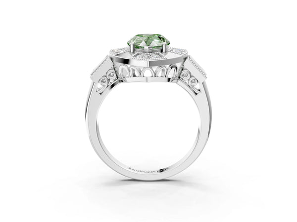 White Gold Pear-Shaped Vintage Halo Engagement Ring Setting for Fancy Green Center - Design RJ-711
