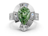 White gold Milgrain Fancy Green Pear Cut Diamond Halo Split Shank Ring