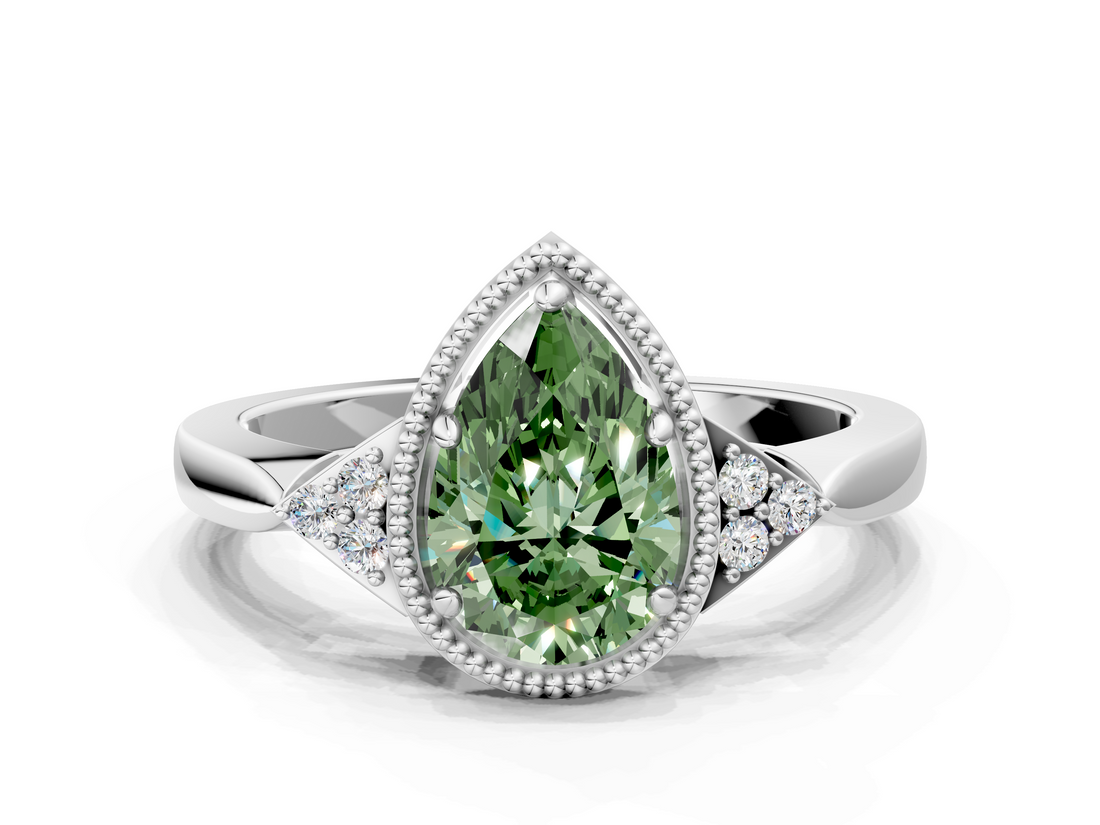 White gold Milgrain Fancy Green Pear  Cut Diamond Ring with Tapered Pave Band and Four Prong Setting_3