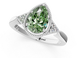 White gold Milgrain Fancy Green Pear  Cut Diamond Ring with Tapered Pave Band and Four Prong Setting_4