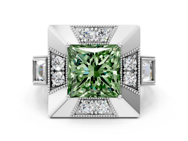 White Gold Princess Cut Vintage Halo Engagement Ring Setting for Fancy Green Center - Design RJ-711