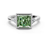 White gold Milgrain Fancy Green Princess  Cut Diamond Ring with Tapered Pave Band and Four Prong Setting