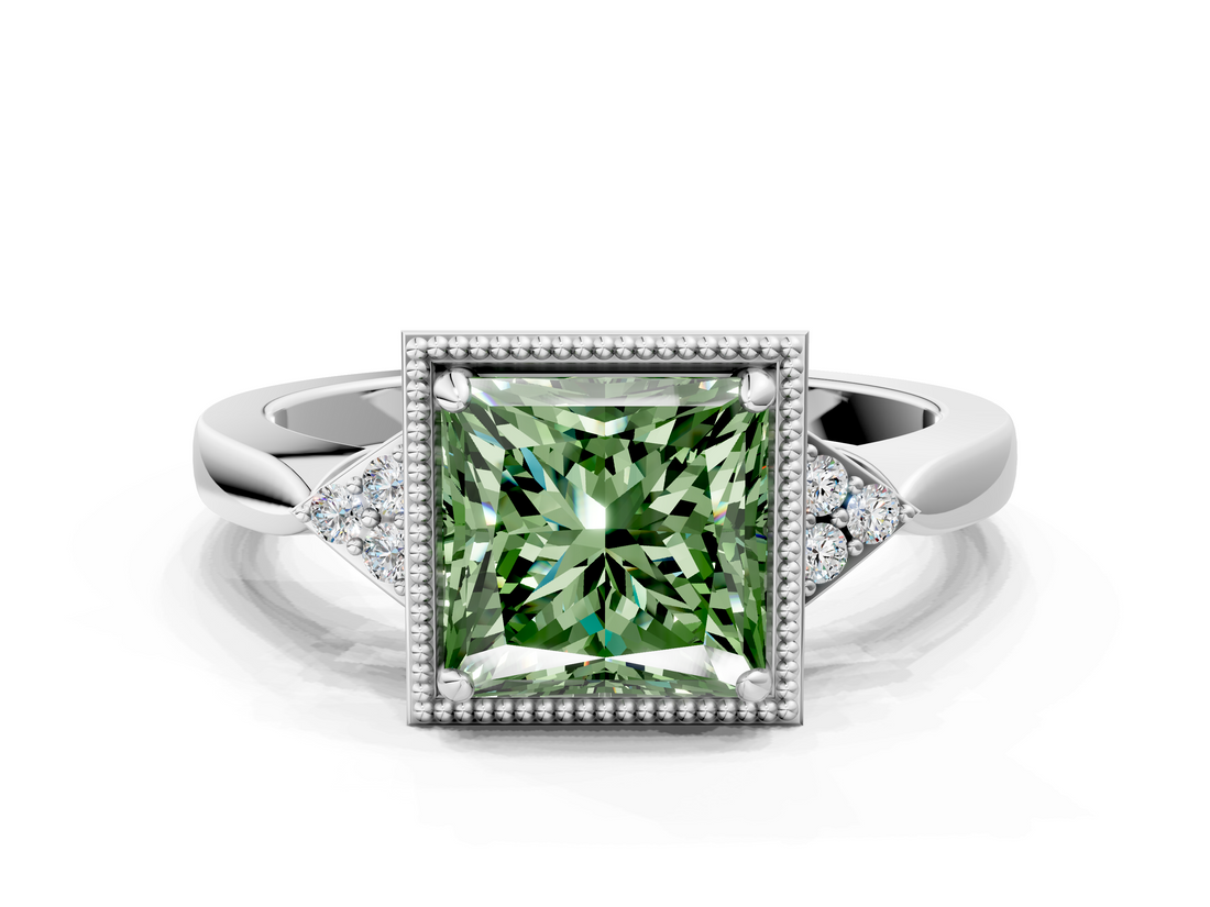 White gold Milgrain Fancy Green Princess  Cut Diamond Ring with Tapered Pave Band and Four Prong Setting