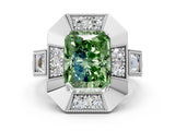 White gold Milgrain Fancy Green Radiant Cut Diamond Halo Split Shank Ring