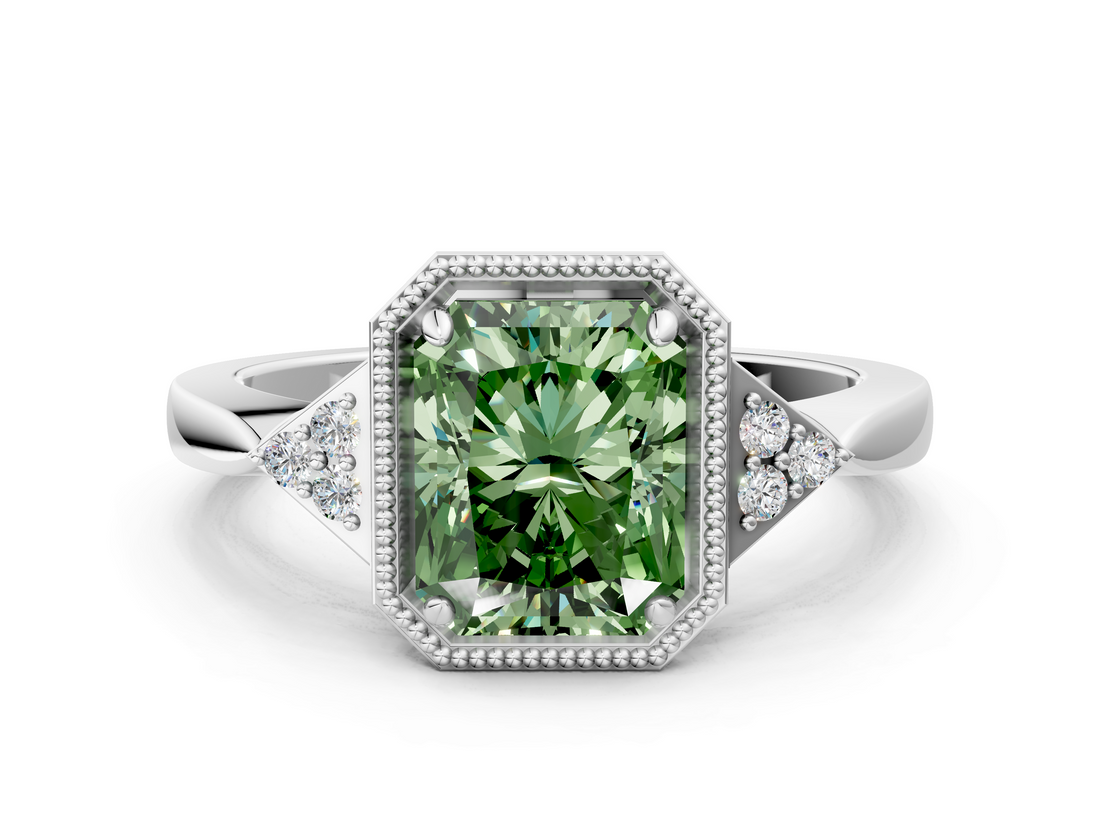 White gold Milgrain Fancy Green Radiant  Cut Diamond Ring with Tapered Pave Band and Four Prong Setting_54