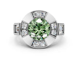 White gold Milgrain Fancy Green Round Cut Diamond Halo Split Shank Ring