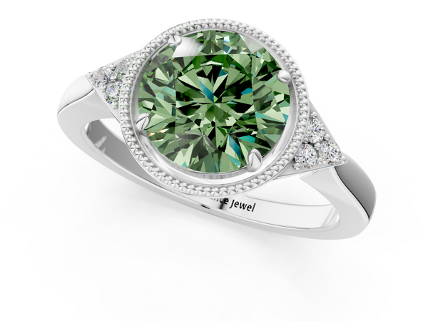 Platinum Milgrain Fancy Green Round  Cut Diamond Ring with Tapered Pave Band and Four Prong Setting