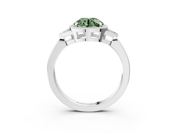 Platinum Milgrain Fancy Green Round  Cut Diamond Ring with Tapered Pave Band and Four Prong Setting