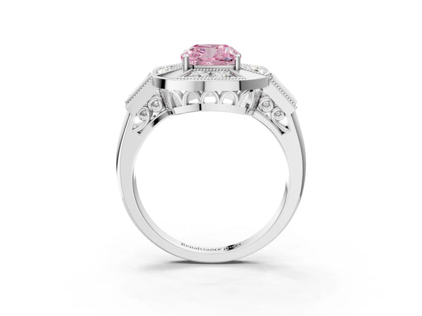 White Gold Cushion Cut Vintage Halo Engagement Ring Setting for Fancy Pink Center - Design RJ-711
