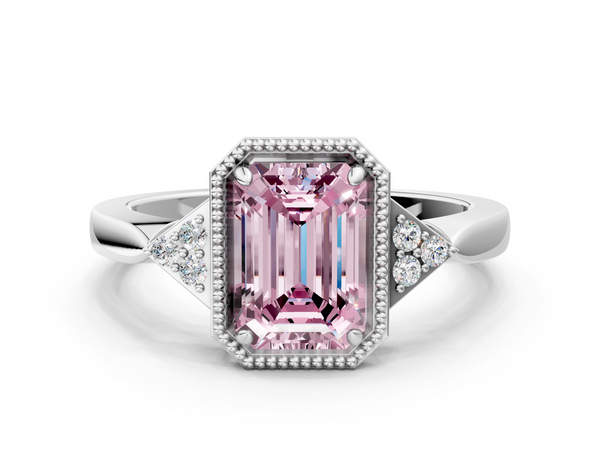 Platinum Milgrain Fancy Pink Emerald  Cut Diamond Ring with Tapered Pave Band and Four Prong Setting