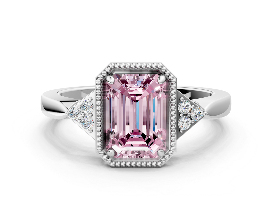 White gold Milgrain Fancy Pink Emerald  Cut Diamond Ring with Tapered Pave Band and Four Prong Setting_3