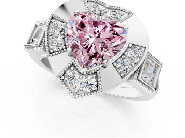 White Gold Heart-Shaped Vintage Halo Engagement Ring Setting for Fancy Pink Center - Design RJ-711