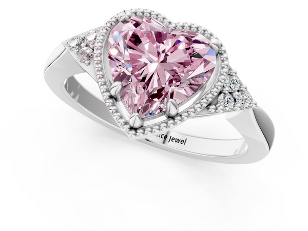 Platinum Milgrain Fancy Pink Heart  Cut Diamond Ring with Tapered Pave Band and Four Prong Setting