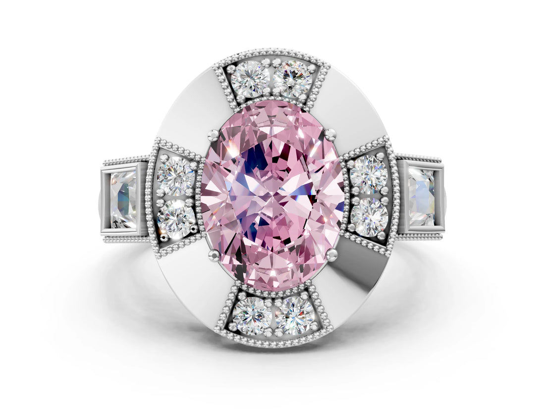 White gold Milgrain Fancy Pink Oval Cut Diamond Halo Split Shank Ring_12