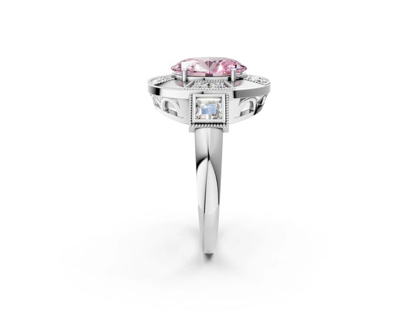 White Gold Oval Vintage Halo Engagement Ring Setting for Fancy Pink Center - Design RJ-711