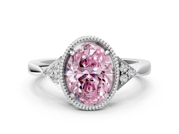 White gold Milgrain Fancy Pink Oval  Cut Diamond Ring with Tapered Pave Band and Four Prong Setting