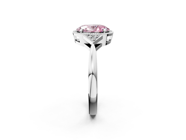 White gold Milgrain Fancy Pink Oval  Cut Diamond Ring with Tapered Pave Band and Four Prong Setting