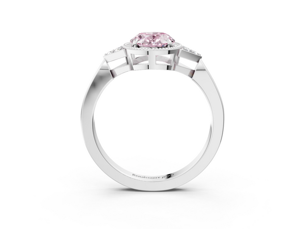 White gold Milgrain Fancy Pink Oval  Cut Diamond Ring with Tapered Pave Band and Four Prong Setting