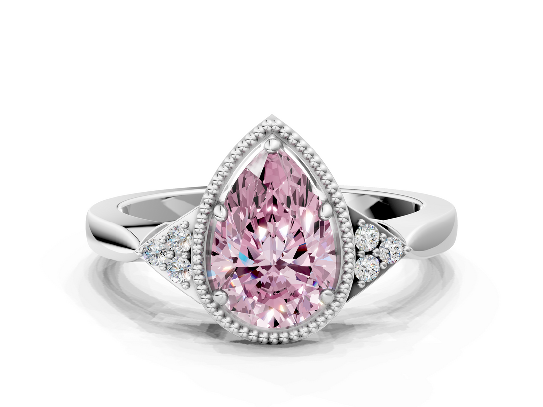 White gold Milgrain Fancy Pink Pear  Cut Diamond Ring with Tapered Pave Band and Four Prong Setting_3