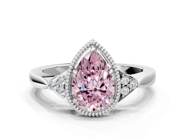White gold Milgrain Fancy Pink Pear  Cut Diamond Ring with Tapered Pave Band and Four Prong Setting