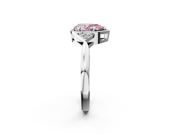White gold Milgrain Fancy Pink Pear  Cut Diamond Ring with Tapered Pave Band and Four Prong Setting