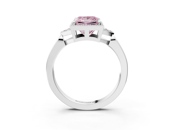 Platinum Milgrain Fancy Pink Princess  Cut Diamond Ring with Tapered Pave Band and Four Prong Setting