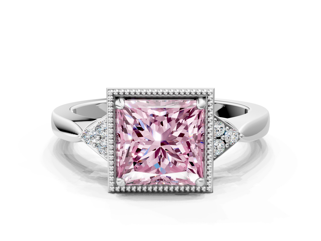 White gold Milgrain Fancy Pink Princess  Cut Diamond Ring with Tapered Pave Band and Four Prong Setting