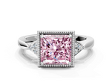 White gold Milgrain Fancy Pink Princess  Cut Diamond Ring with Tapered Pave Band and Four Prong Setting
