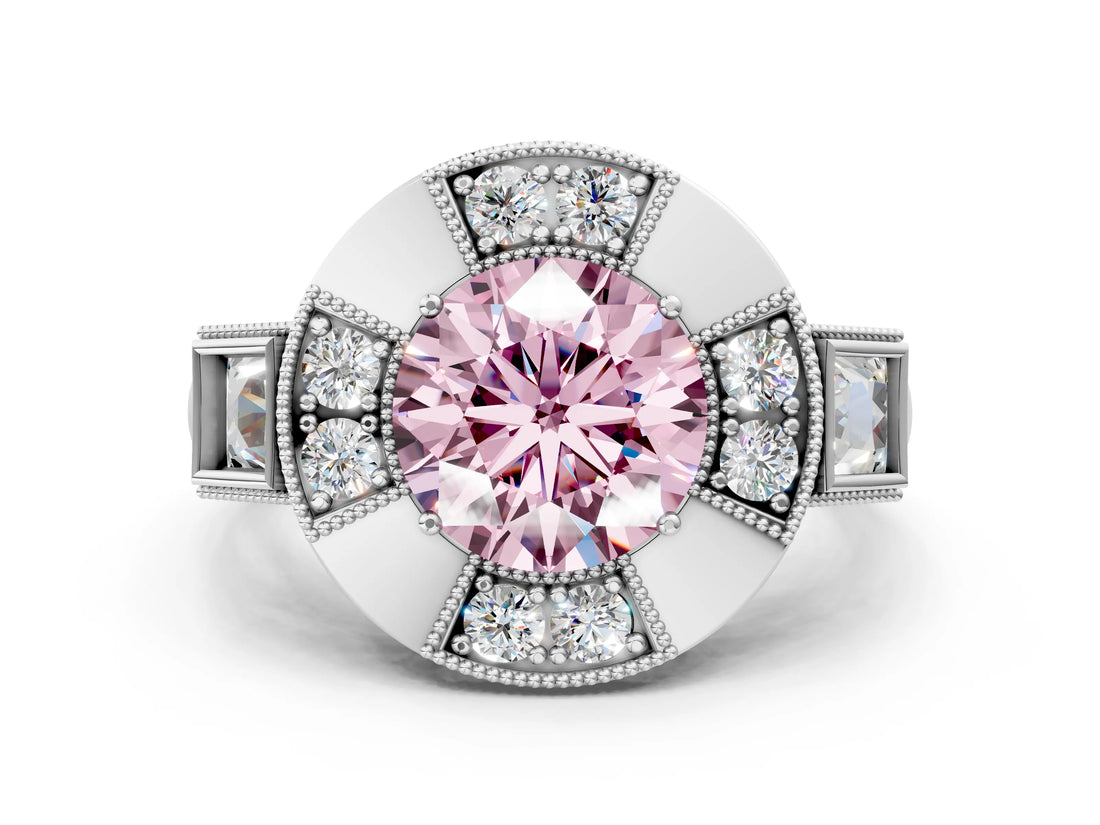 White gold Milgrain Fancy Pink Round Cut Diamond Halo Split Shank Ring_24