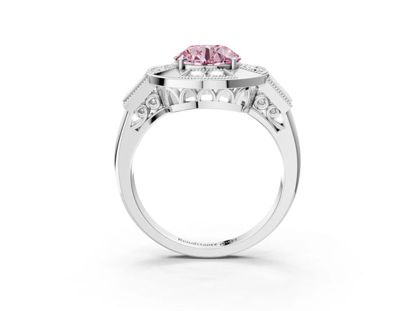 White Gold Round Vintage Halo Engagement Ring Setting for Fancy Pink Center - Design RJ-711