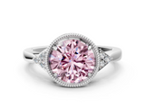 White gold Milgrain Fancy Pink Round  Cut Diamond Ring with Tapered Pave Band and Four Prong Setting