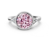White gold Milgrain Fancy Pink Round  Cut Diamond Ring with Tapered Pave Band and Four Prong Setting_18
