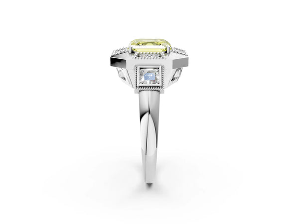 White Gold Asscher Cut Vintage Halo Engagement Ring Setting for Fancy Yellow Center - Design RJ-711